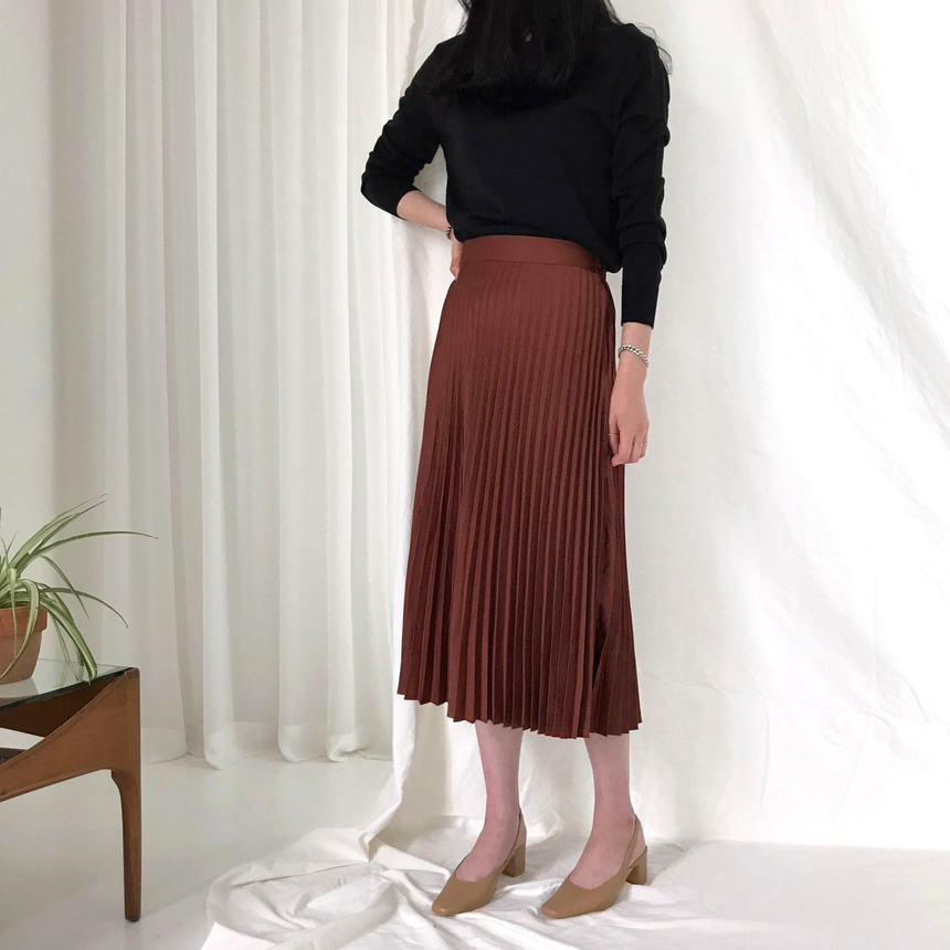 Banded Metal Pleated Long Skirt 4color Pleated Ski