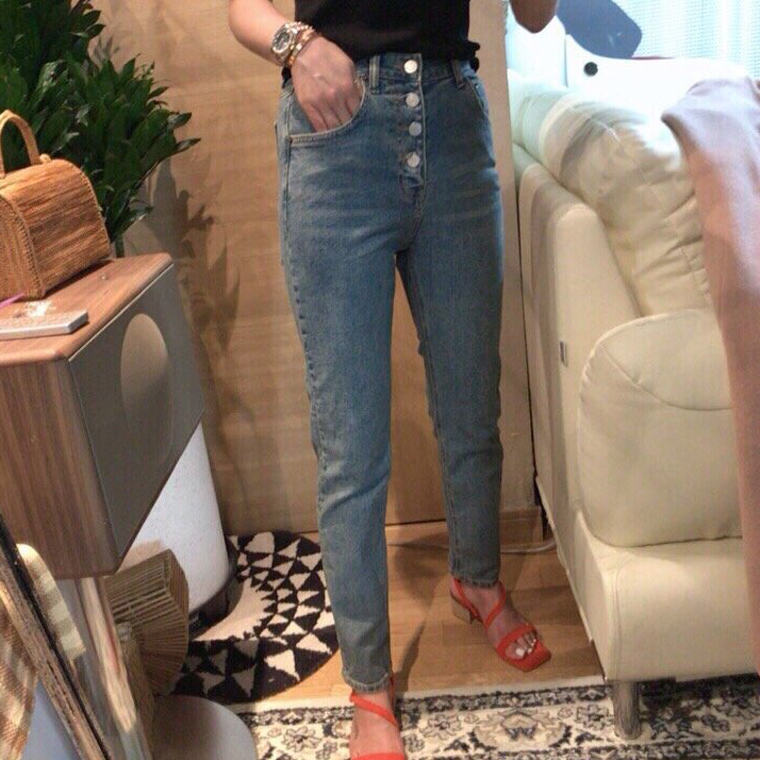 Women Jeans Pants 4 button high waisted jeans slim