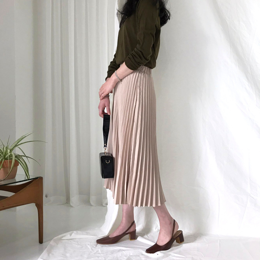 Banded Metal Pleated Long Skirt 4color Pleated Ski