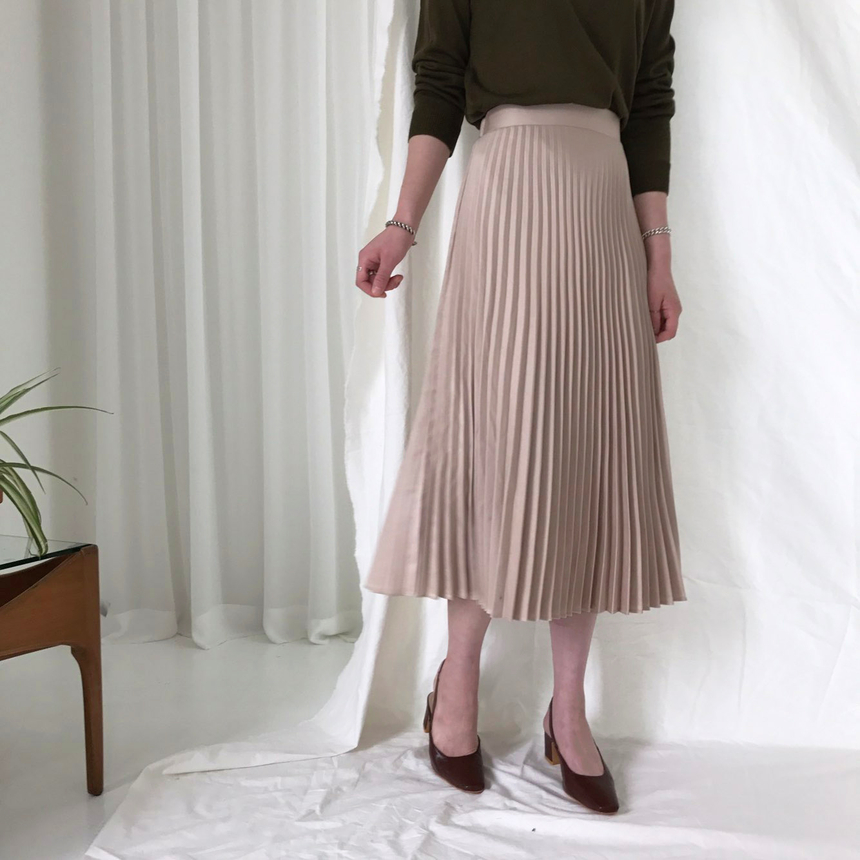 Banded Metal Pleated Long Skirt 4color Pleated Ski
