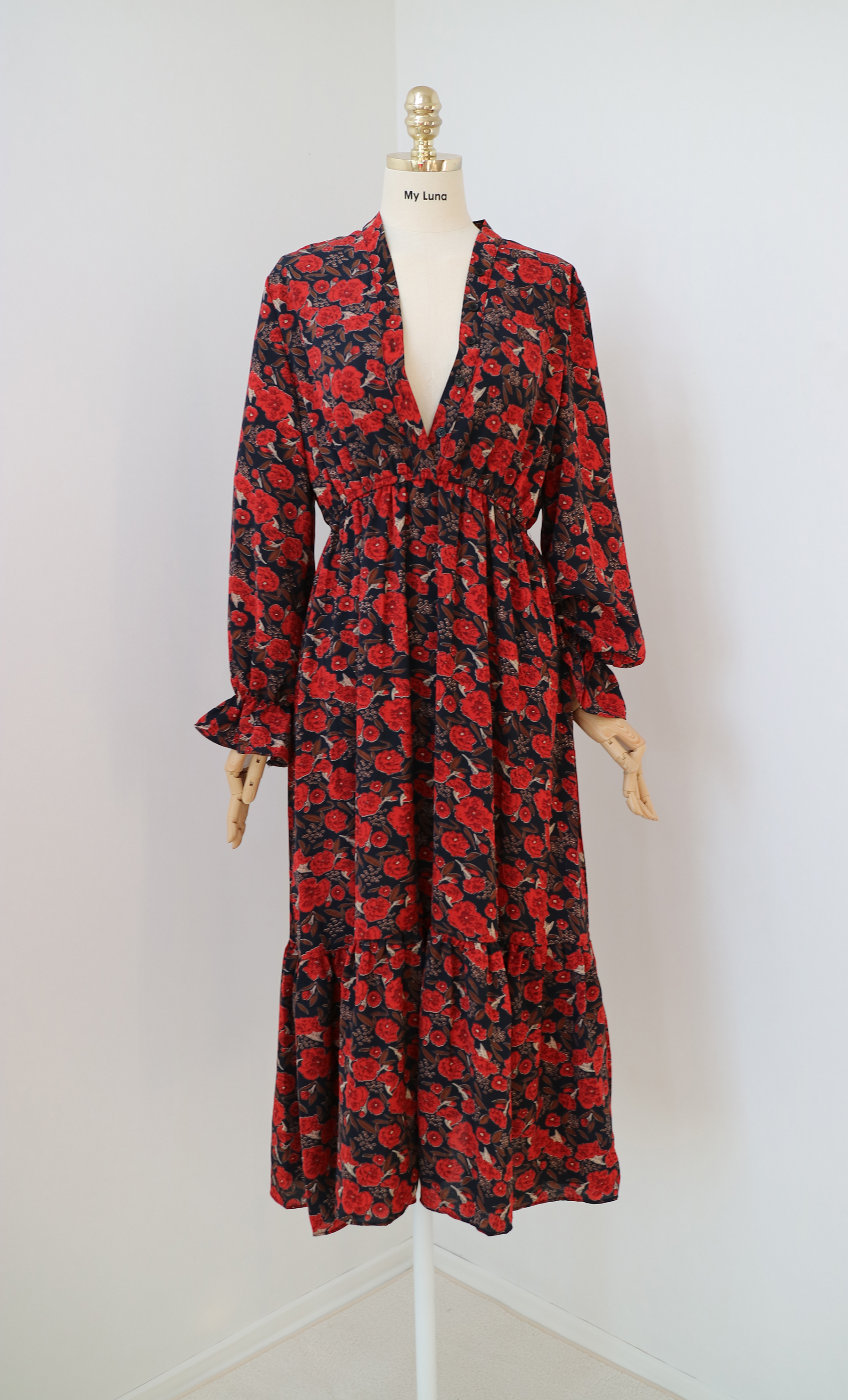 New Women Dress Red Flower Rose Long Dress One Pie