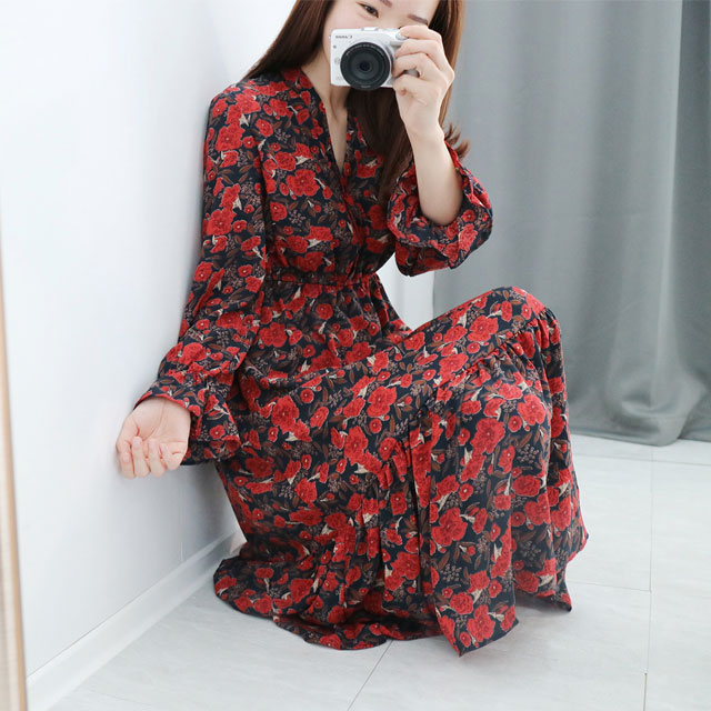 New Women Dress Red Flower Rose Long Dress One Pie