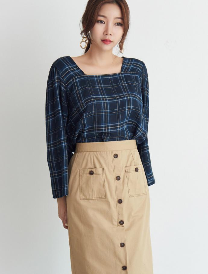 Women Blouses Square Neck Check Blouse Point Fashi