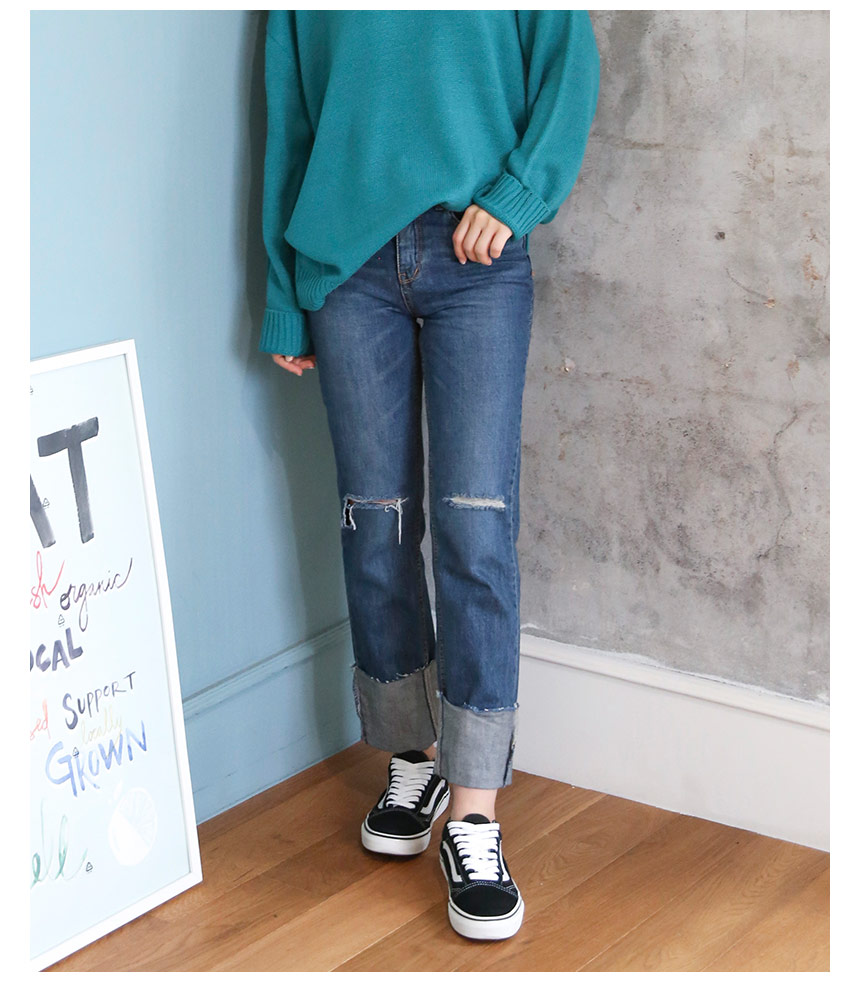 Women Jeans Pants Wide Roll-Up Damage Denim Pants 