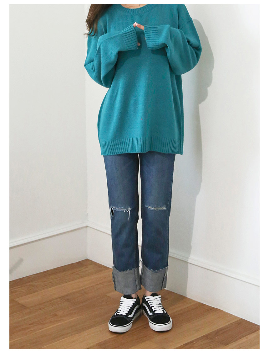 Women Jeans Pants Wide Roll-Up Damage Denim Pants 