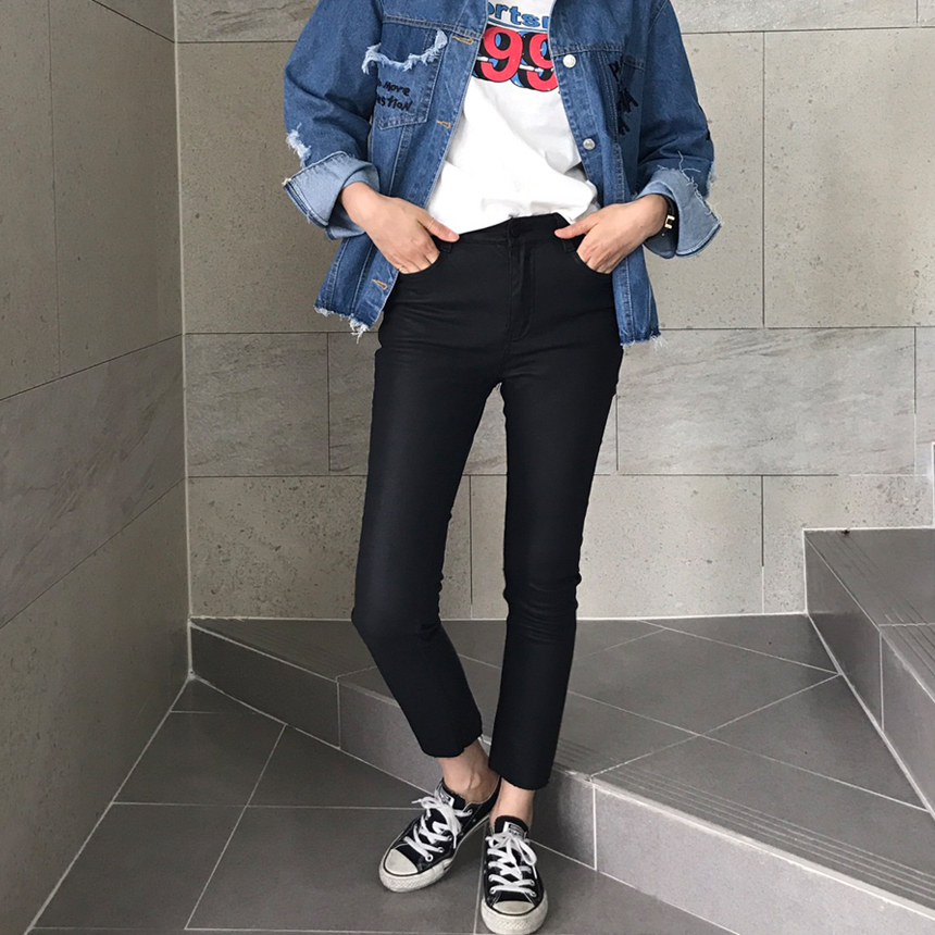 Women Jeans Pants Hem Cutting Date Coat Jean Leath