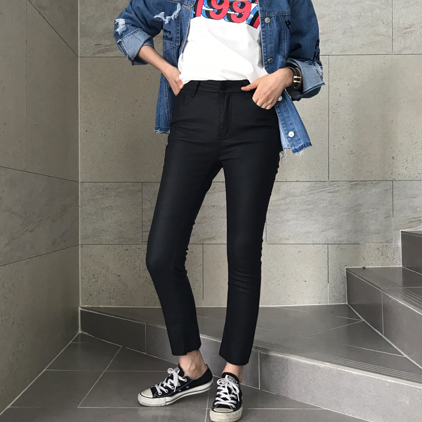 Women Jeans Pants Hem Cutting Date Coat Jean Leath