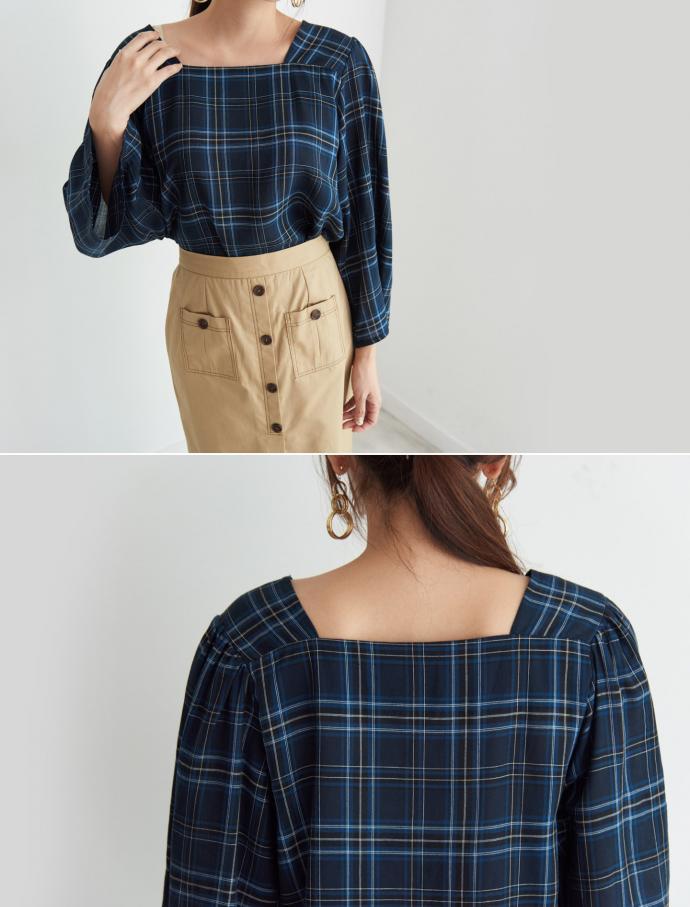Women Blouses Square Neck Check Blouse Point Fashi