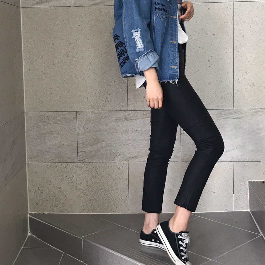 Women Jeans Pants Hem Cutting Date Coat Jean Leath