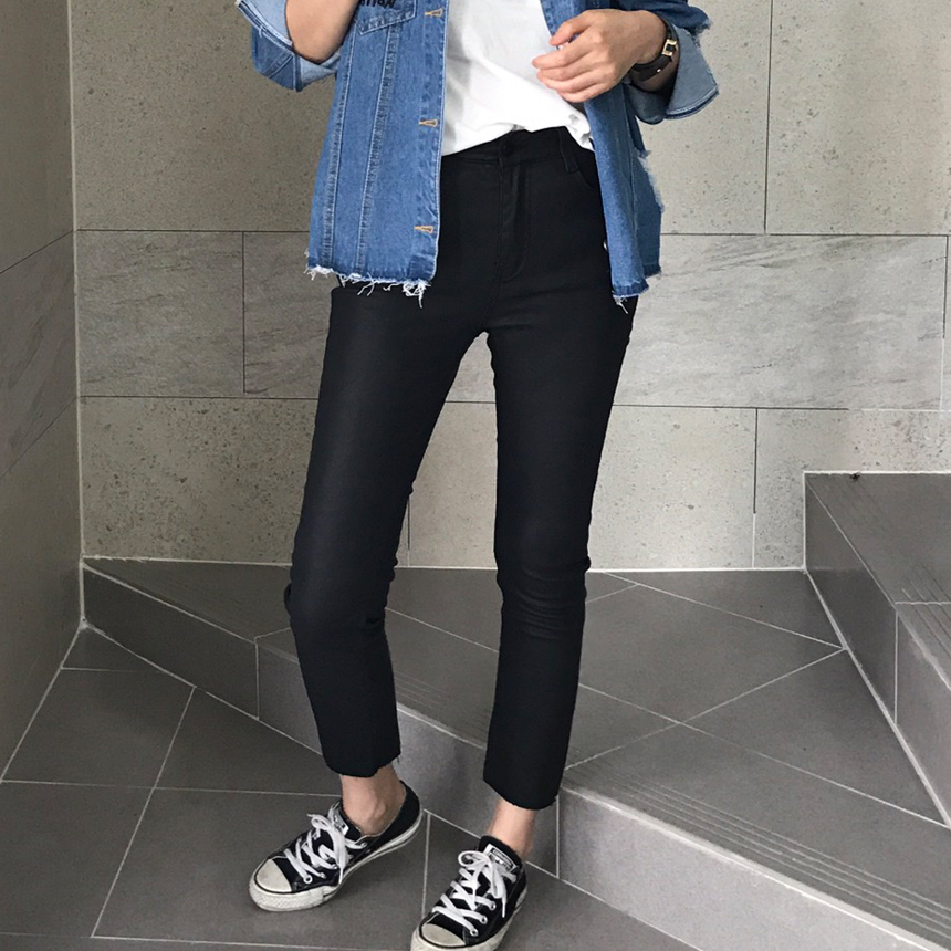 Women Jeans Pants Hem Cutting Date Coat Jean Leath