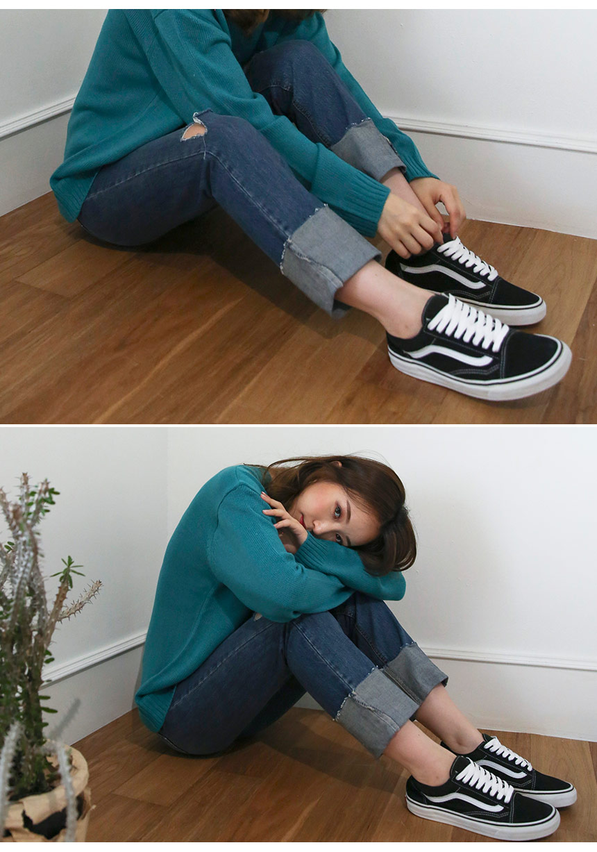 Women Jeans Pants Wide Roll-Up Damage Denim Pants 