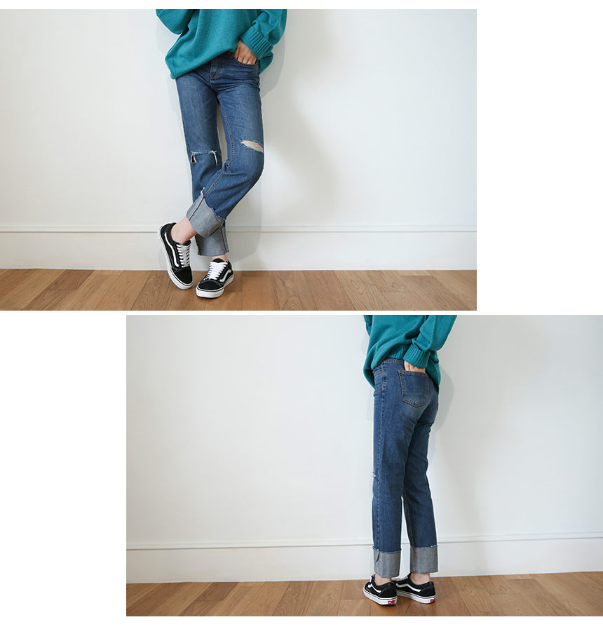Women Jeans Pants Wide Roll-Up Damage Denim Pants 