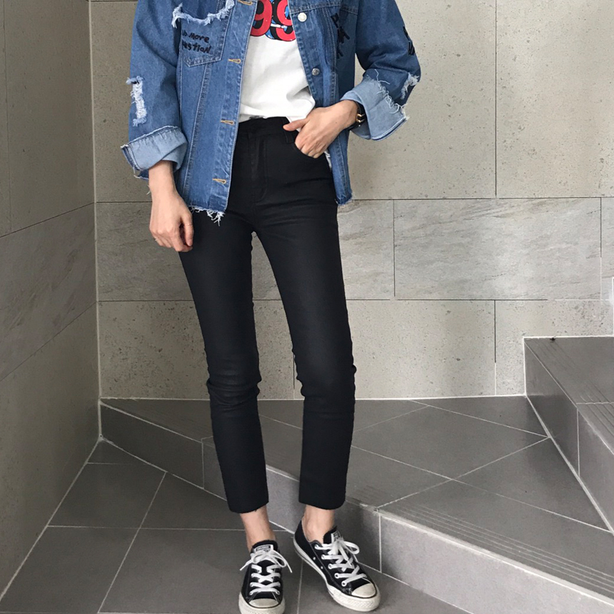 Women Jeans Pants Hem Cutting Date Coat Jean Leath