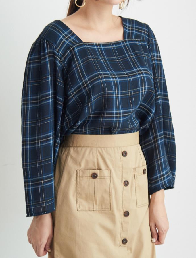 Women Blouses Square Neck Check Blouse Point Fashi