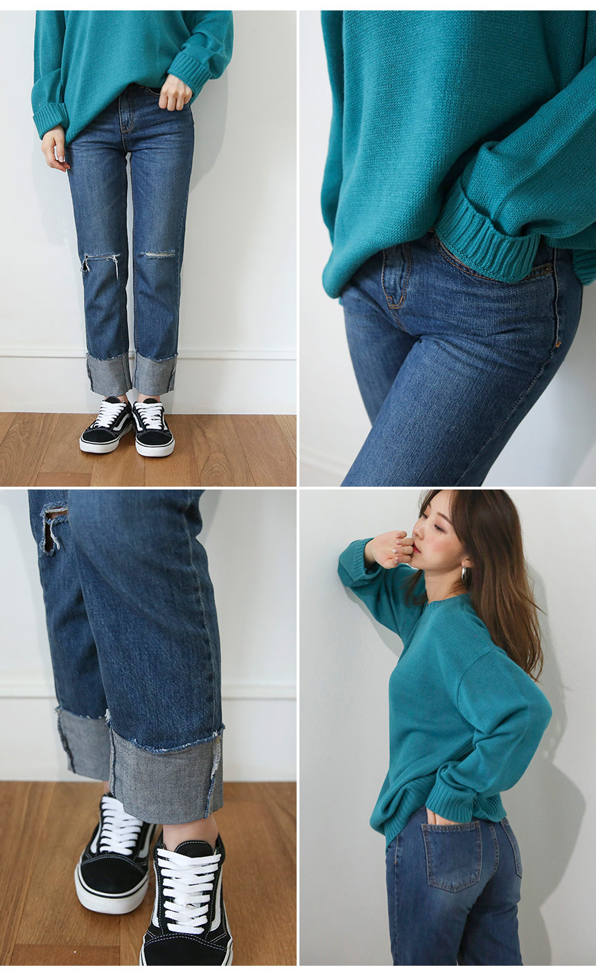 Women Jeans Pants Wide Roll-Up Damage Denim Pants 