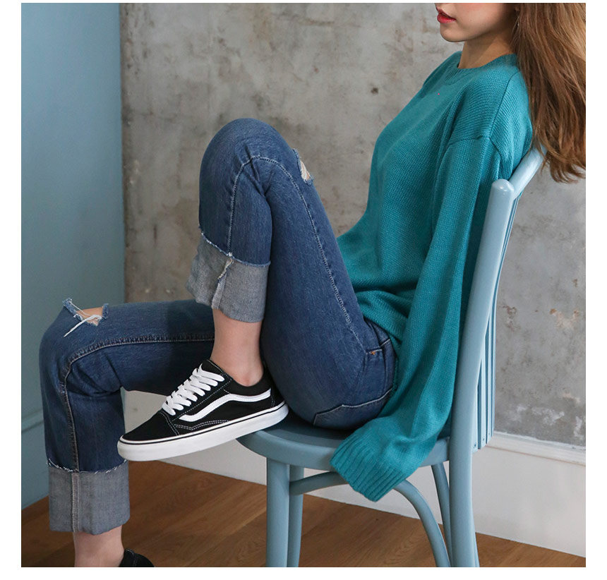 Women Jeans Pants Wide Roll-Up Damage Denim Pants 