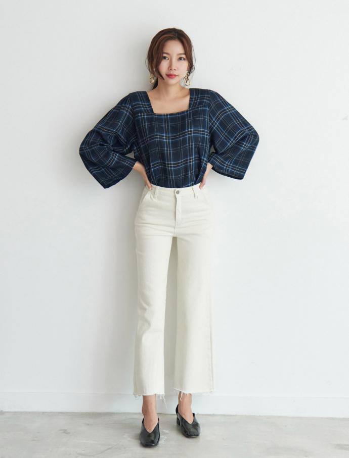 Women Blouses Square Neck Check Blouse Point Fashi