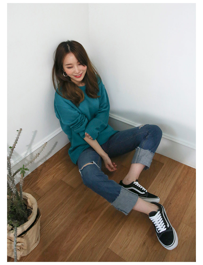 Women Jeans Pants Wide Roll-Up Damage Denim Pants 