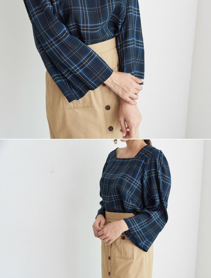 Women Blouses Square Neck Check Blouse Point Fashi