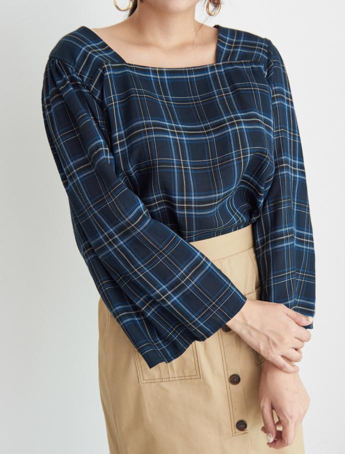 Women Blouses Square Neck Check Blouse Point Fashi