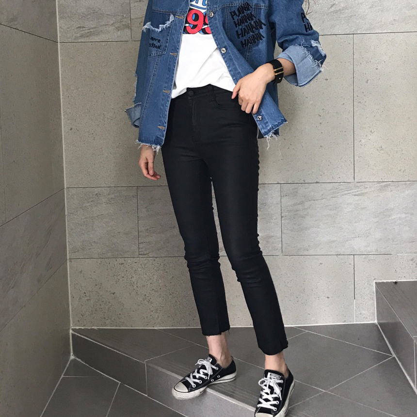 Women Jeans Pants Hem Cutting Date Coat Jean Leath