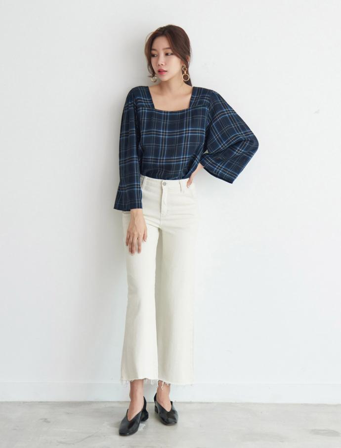 Women Blouses Square Neck Check Blouse Point Fashi