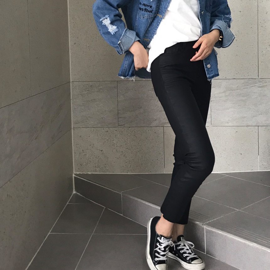 Women Jeans Pants Hem Cutting Date Coat Jean Leath