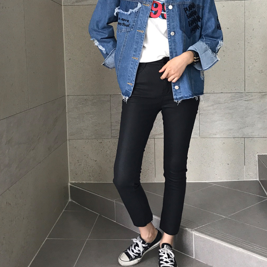 Women Jeans Pants Hem Cutting Date Coat Jean Leath