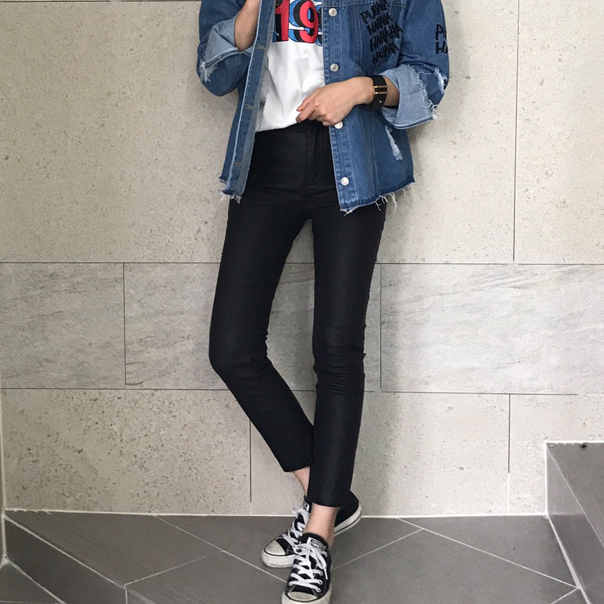 Women Jeans Pants Hem Cutting Date Coat Jean Leath