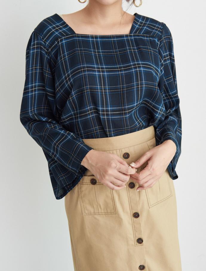 Women Blouses Square Neck Check Blouse Point Fashi