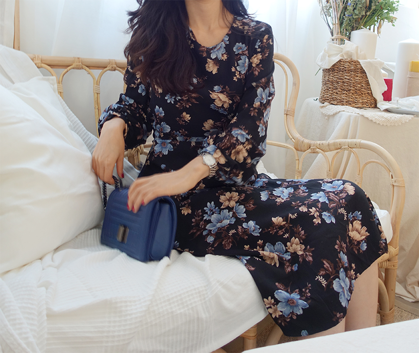 New Women Dress Autumn Flower Pattern Waist Bendin