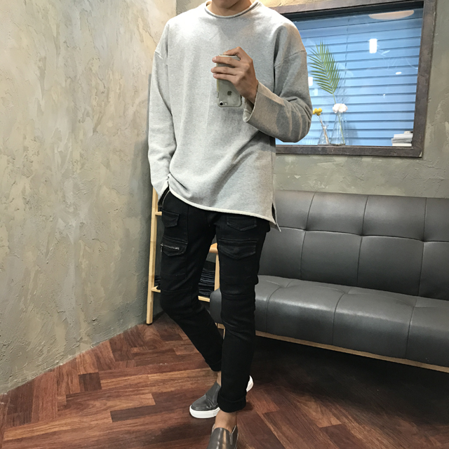 Korea Jeans Pants Men's Zipper Cargo Black Coat