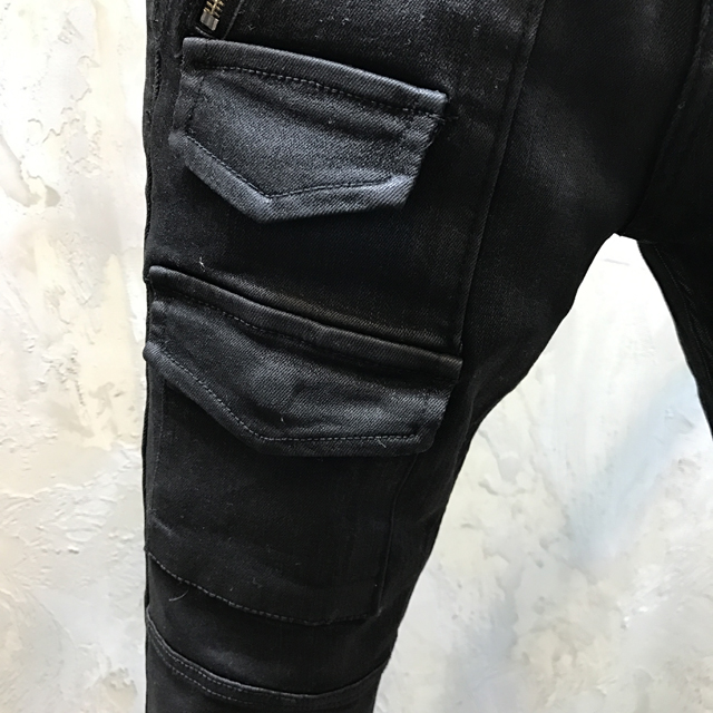 Korea Jeans Pants Men's Zipper Cargo Black Coat