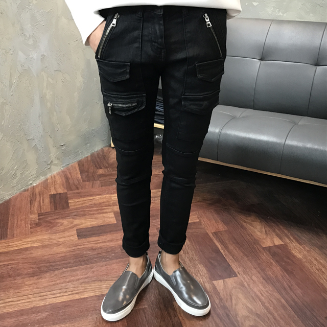 Korea Jeans Pants Men's Zipper Cargo Black Coat