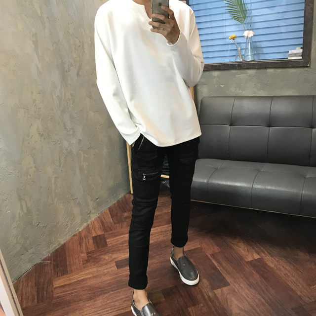 Korea Jeans Pants Men's Zipper Cargo Black Coat