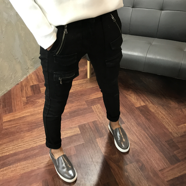 Korea Jeans Pants Men's Zipper Cargo Black Coat
