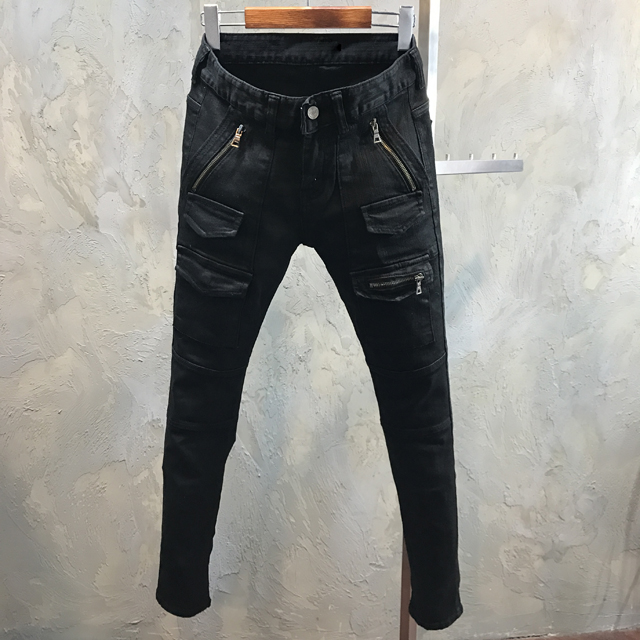 Korea Jeans Pants Men's Zipper Cargo Black Coat