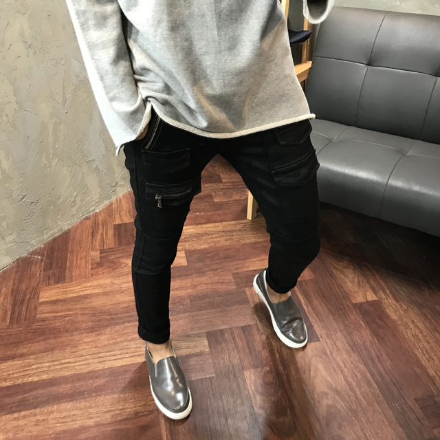 Korea Jeans Pants Men's Zipper Cargo Black Coat