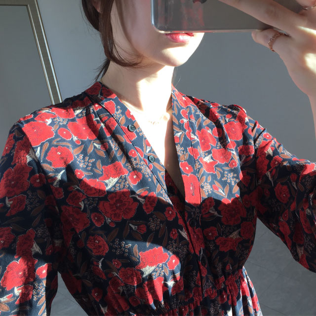 New Women Dress Red Flower Rose Long Dress One Pie