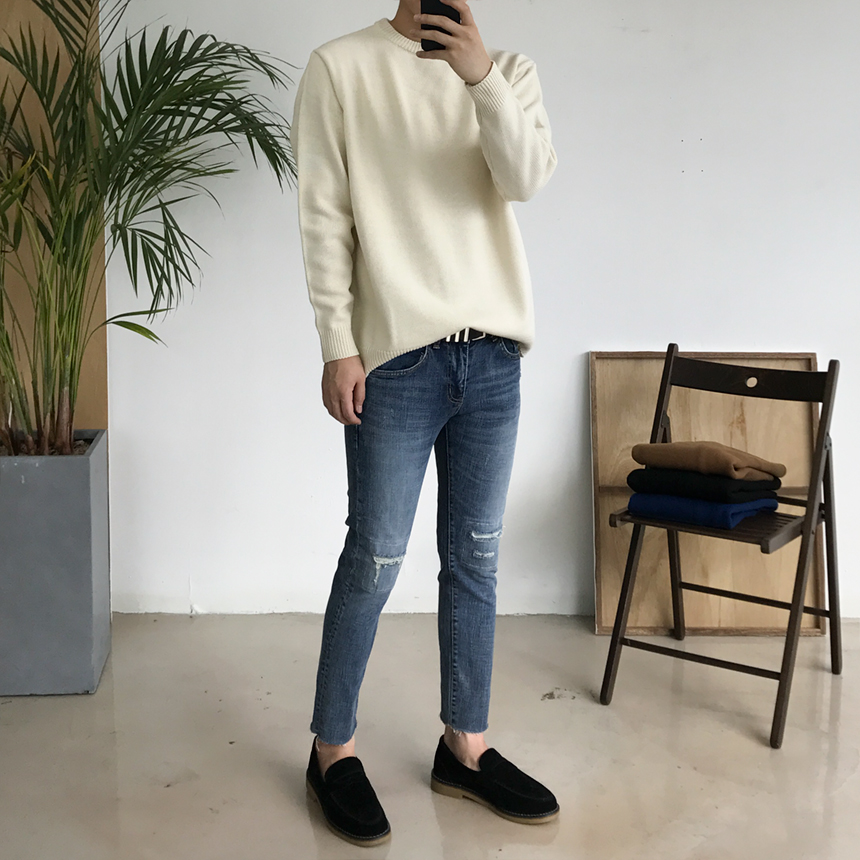 Korea Jeans Pants Damage Damper Slim Cutting Jeans