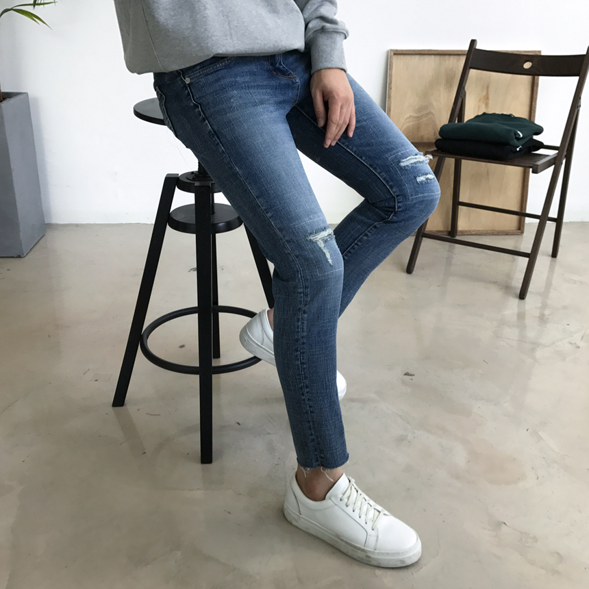 Korea Jeans Pants Damage Damper Slim Cutting Jeans