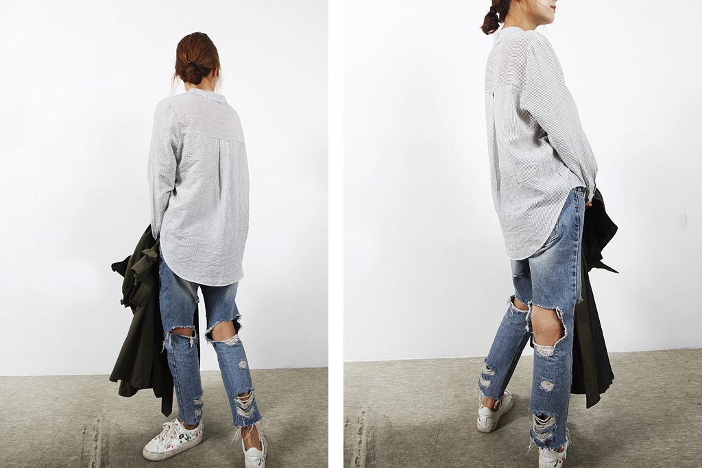 Casual Henry Neck Chinas Shirt Striped Women's 