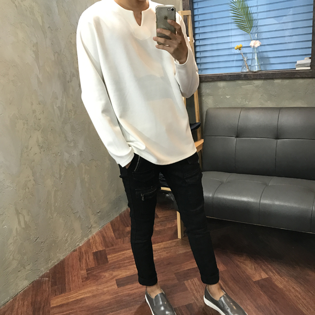 Korea Jeans Pants Men's Zipper Cargo Black Coat