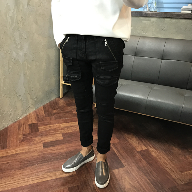 Korea Jeans Pants Men's Zipper Cargo Black Coat
