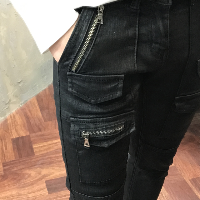 Korea Jeans Pants Men's Zipper Cargo Black Coat