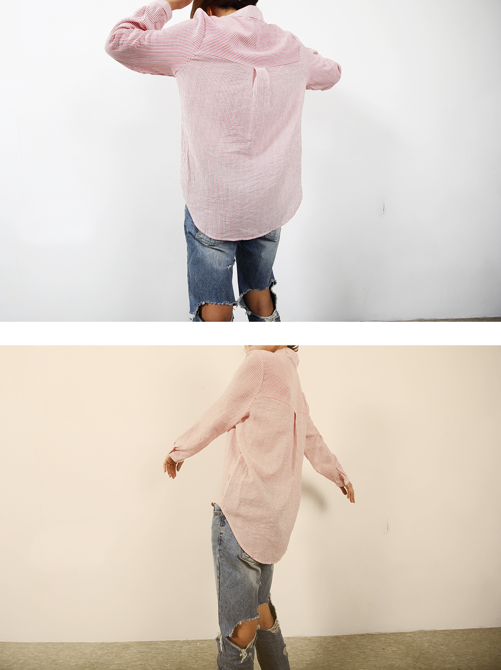 Casual Henry Neck Chinas Shirt Striped Women's 