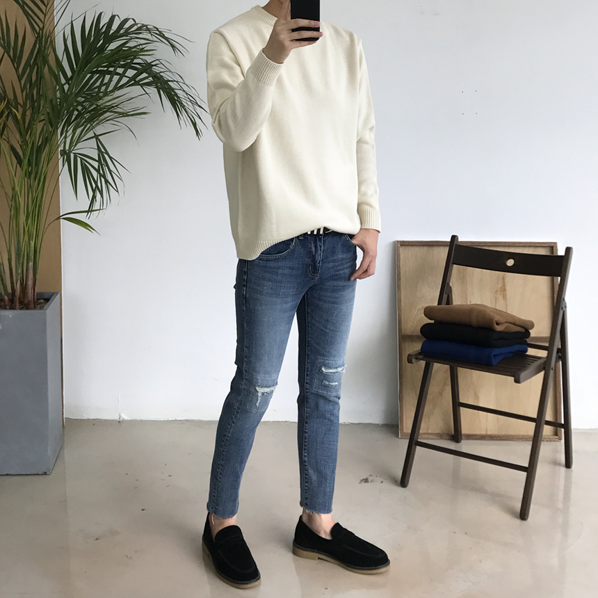 Korea Jeans Pants Damage Damper Slim Cutting Jeans