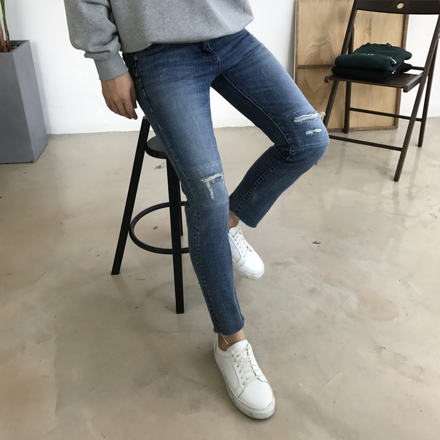 Korea Jeans Pants Damage Damper Slim Cutting Jeans