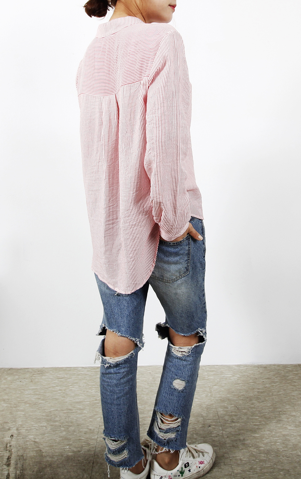 Casual Henry Neck Chinas Shirt Striped Women's 