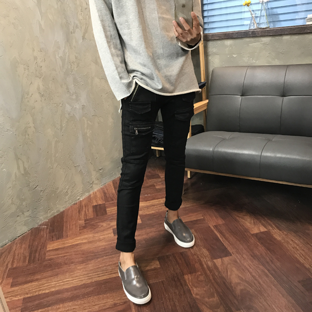 Korea Jeans Pants Men's Zipper Cargo Black Coat